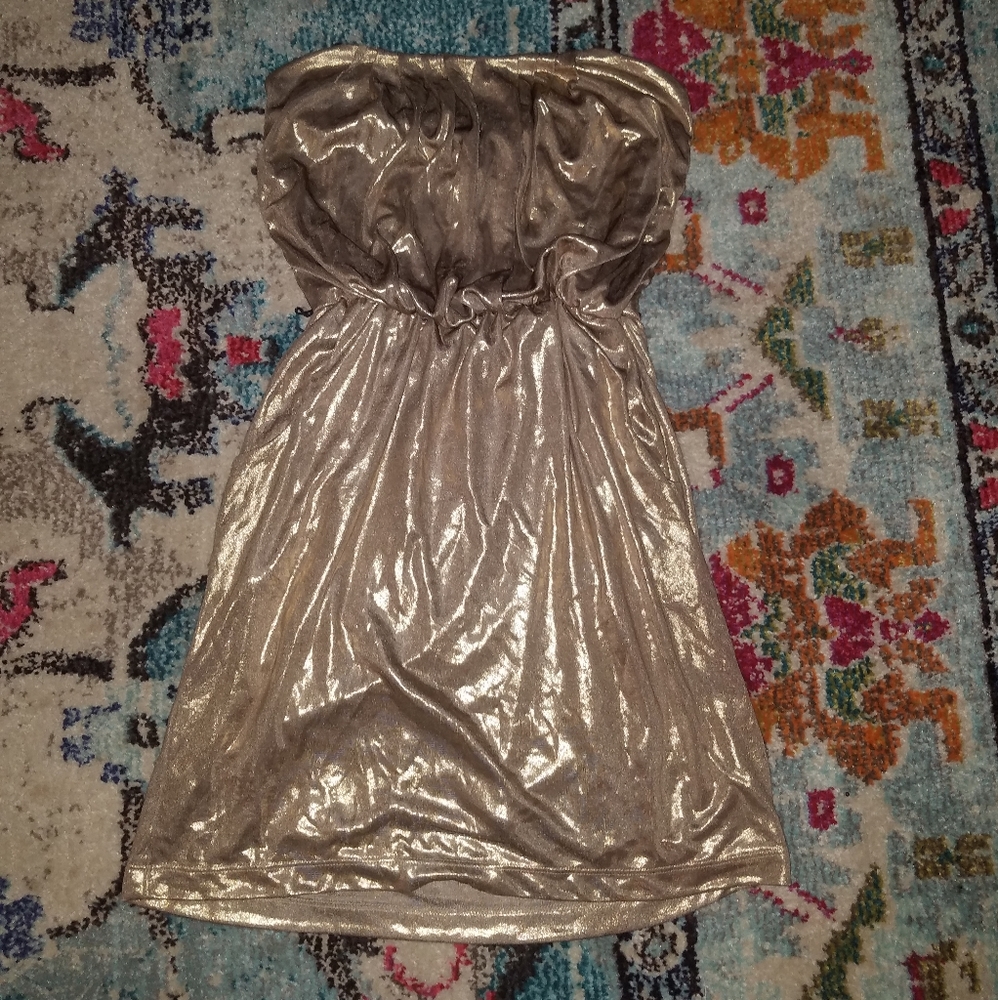 Small gold metallic strapless cocktail dress